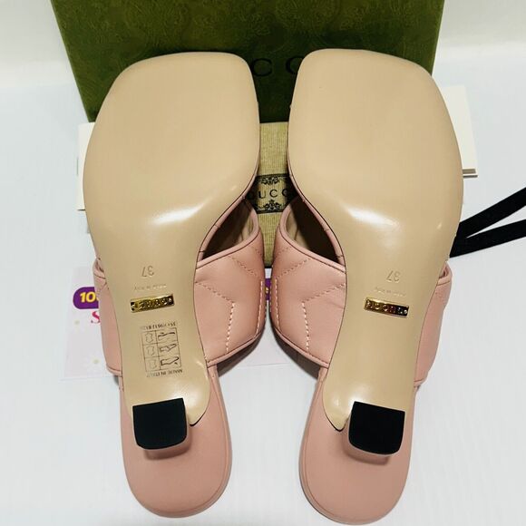 Gucci Marmont Double G 37/ US 7 Thong Pink Chevron Kitten Heel Sandals NIB - Picture 11 of 14